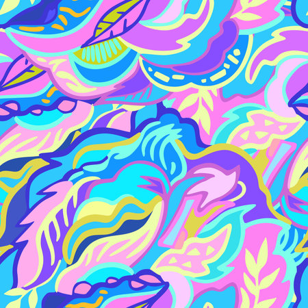 Colorful seamless pattern with chaotic floral and psychedelic abstract elements. Vector illustration.のイラスト素材