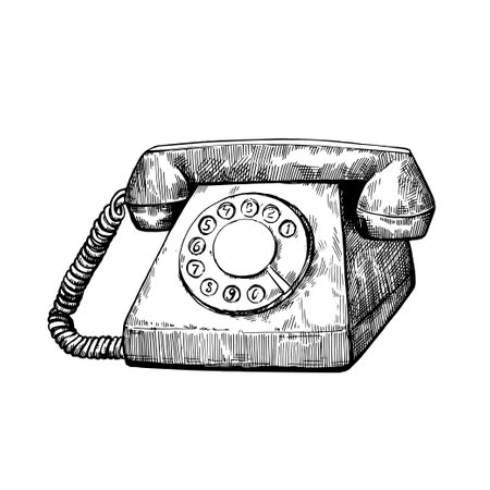 Retro telephone in vintage engraving style. Vector hand drawn illustration isolated on white backgroundのイラスト素材