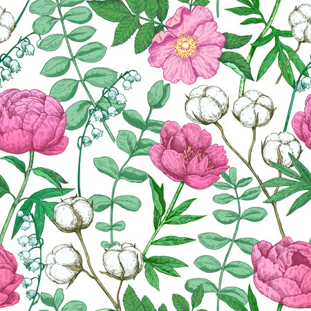 Colorful seamless pattern with peony and eucalyptus in Victorian engraving style. Vector illustration.のイラスト素材