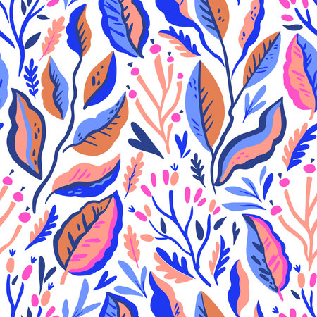 Colorful doodle botanical pattern. Vector print with hand-drawn simple plant elementsのイラスト素材