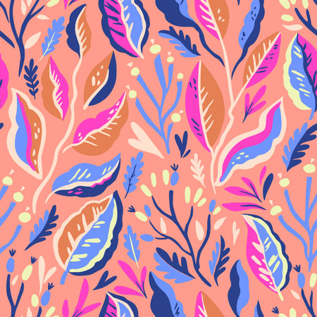 Colorful doodle botanical pattern. Vector print with hand-drawn simple plant elementsのイラスト素材