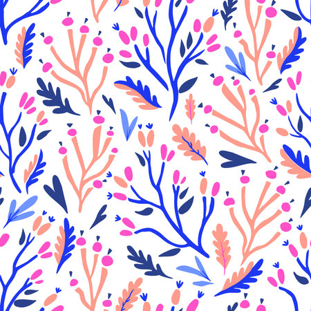 Colorful doodle botanical pattern. Vector print with hand-drawn simple plant elementsのイラスト素材