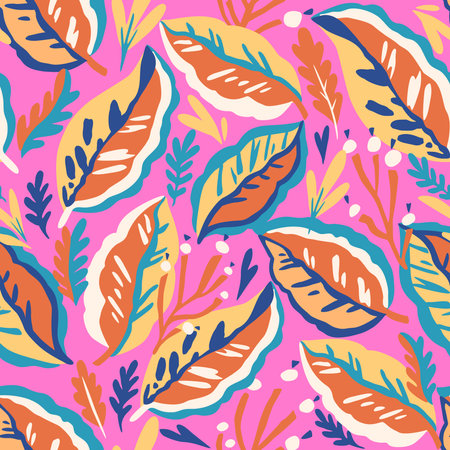 Colorful doodle botanical pattern. Vector print with hand-drawn simple plant elementsのイラスト素材