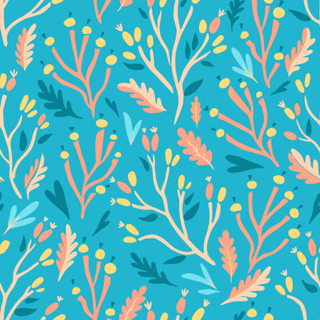 Colorful doodle botanical pattern. Vector print with hand-drawn simple plant elementsのイラスト素材