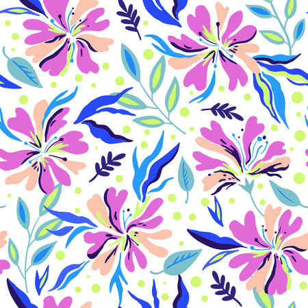 Seamless pattern with cute doodle floral elements. Hand drawn ornament with plants and flowers. Vector illustration.のイラスト素材