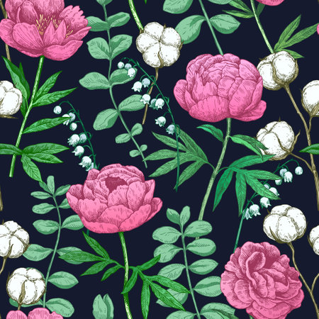 Colorful seamless pattern with peony and eucalyptus in Victorian engraving style. Vector illustration.のイラスト素材