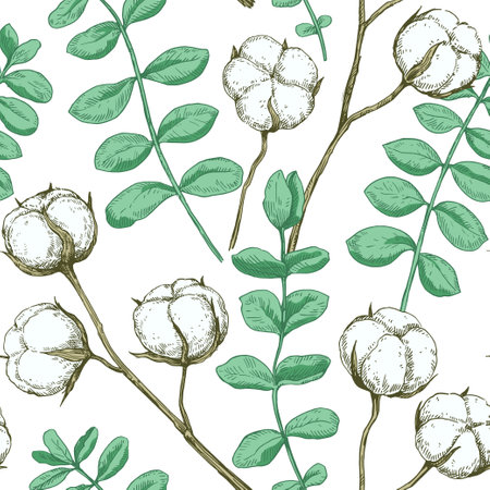 Seamless pattern with cotton and eucalyptus branches. Vector illustration in retro detailed style.のイラスト素材