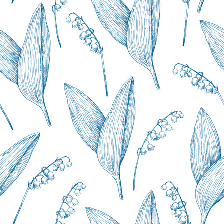 Monochrome seamless pattern with lilly of the valley flowers. Vector illustration in retro etching style.のイラスト素材