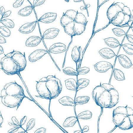 Monochrome seamless pattern with cotton and eucalyptus branches. Vector illustration in retro detailed style.のイラスト素材