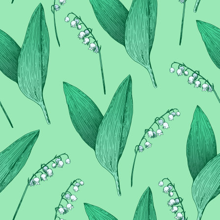 Seamless pattern with lilly of the valley flowers. Vector illustration in retro etching style.のイラスト素材