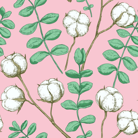 Seamless pattern with cotton and eucalyptus branches. Vector illustration in retro detailed style.のイラスト素材