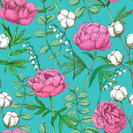 Colorful seamless pattern with peony and eucalyptus in Victorian engraving style. Vector illustration.のイラスト素材