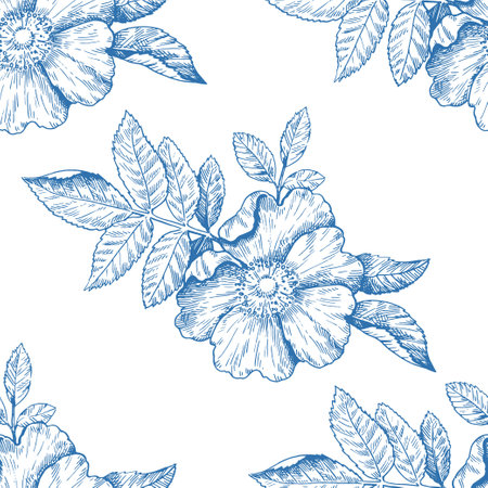 Monochrome seamless pattern with wild rose flowers. Vector illustration in retro detailed style.のイラスト素材