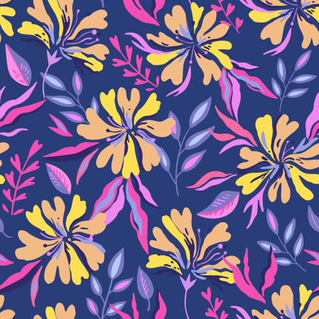 Seamless pattern with cute doodle floral elements. Hand drawn ornament with plants and flowers. Vector illustration.のイラスト素材