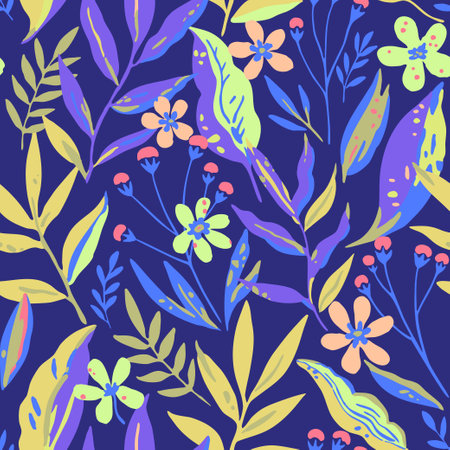 Colorful vivid psychedelic tropical seamless pattern. Vector hand drawn illustration for designのイラスト素材