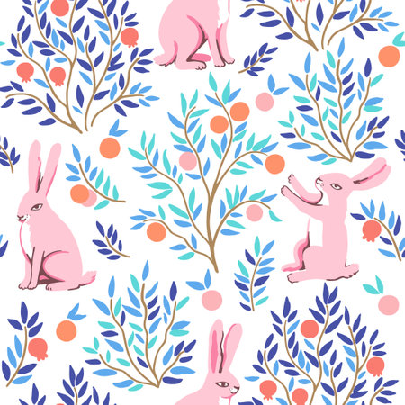 Funny seamless pattern with pink rabbits in orange and pomegranate garden. Cute vector illustration in modern style in delicate pastel colors.のイラスト素材