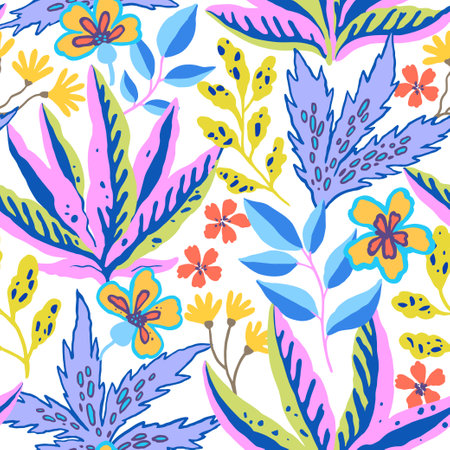 Colorful tropical seamless pattern. Abstract psychedelic motif with plant and floral elements. Joyful print for design. Vector illustrationのイラスト素材