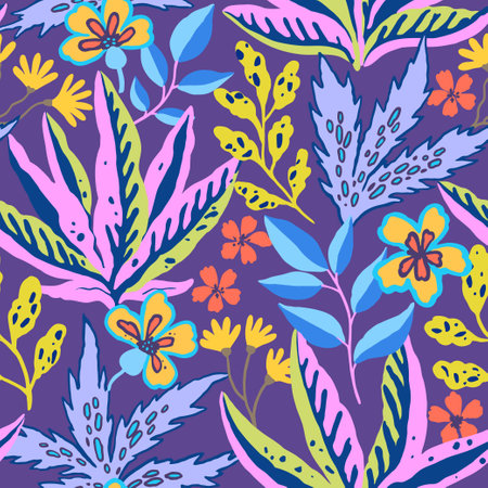 Colorful tropical seamless pattern. Abstract psychedelic motif with plant and floral elements. Joyful print for design. Vector illustrationのイラスト素材