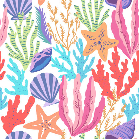 Seamless pattern with colorful sea elements, corals, seaweeds, shells and sea stars. Vector illustration.のイラスト素材