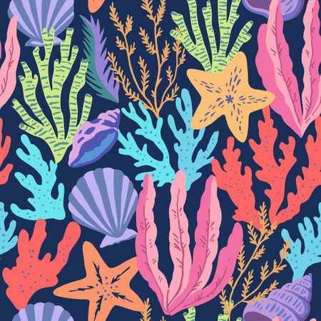 Seamless pattern with colorful sea elements, corals, seaweeds, shells and sea stars. Vector illustration.のイラスト素材