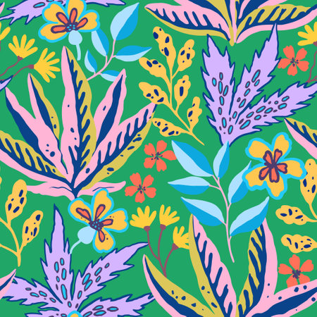 Colorful tropical seamless pattern. Abstract psychedelic motif with plant and floral elements. Joyful print for design. Vector illustrationのイラスト素材