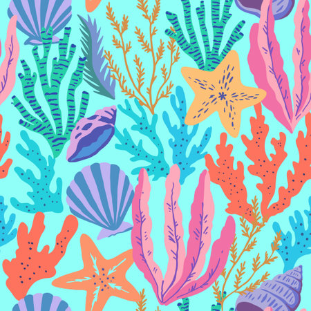Seamless pattern with colorful sea elements, corals, seaweeds, shells and sea stars. Vector illustration.のイラスト素材