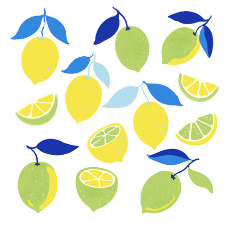 Set of lemon fruits and branches. Vector illustration in contemporary minimalistic style.のイラスト素材