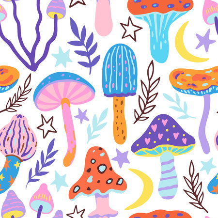 Seamless pattern with doodle magic mushrooms. Vector illustration of fairy cartoon mushrooms, stars and plants in boho style.のイラスト素材