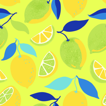 Seamless pattern with lemon fruits and branches. Vector illustration in contemporary minimalistic style.のイラスト素材