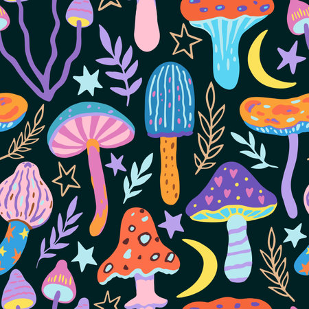 Seamless pattern with doodle magic mushrooms. Vector illustration of fairy cartoon mushrooms, stars and plants in boho style.のイラスト素材