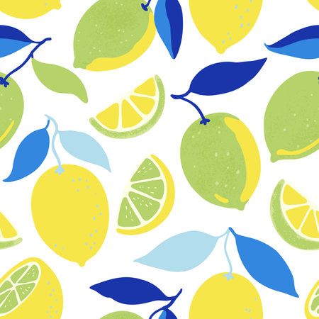 Seamless pattern with lemon fruits and branches. Vector illustration in contemporary minimalistic style.のイラスト素材