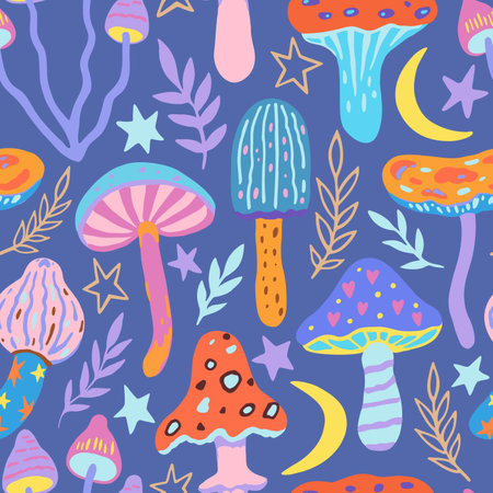 Seamless pattern with doodle magic mushrooms. Vector illustration of fairy cartoon mushrooms, stars and plants in boho style.のイラスト素材