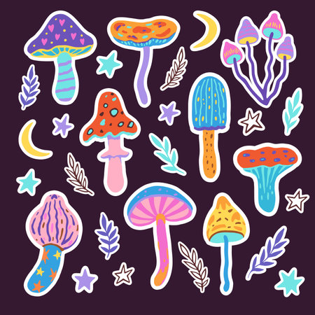 Set of stickers with magic mushrooms. Vector illustration of fairy cartoon mushrooms, stars and plants in bright psychedelic style.のイラスト素材