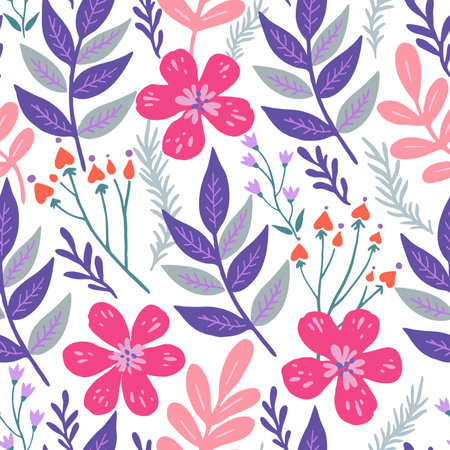 Seamless pattern with doodle floral elements. Vector illustration.のイラスト素材