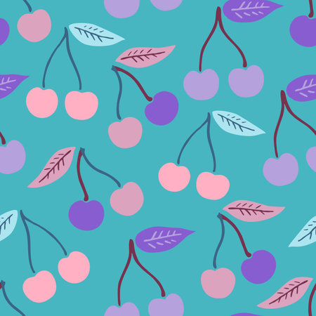 Cute seamless pattern with simple cherry elements in delicate pastel colors. Vector illustration.のイラスト素材