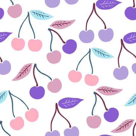 Cute seamless pattern with simple cherry elements in delicate pastel colors. Vector illustration.のイラスト素材