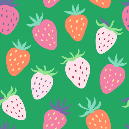 Cute seamless pattern with simple strawberry elements in delicate pastel colors. Vector illustration.のイラスト素材