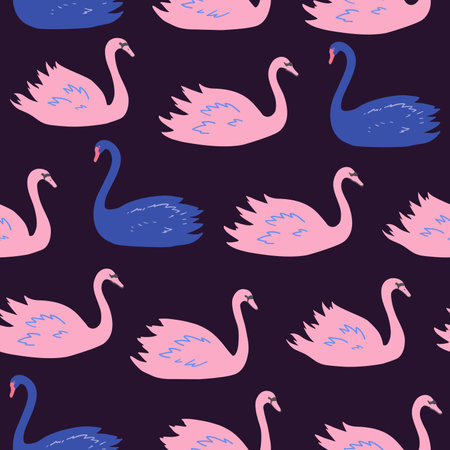 Seamless pattern with swans. Black and white swans, vector illustration in pastel colors.のイラスト素材
