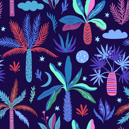 Seamless pattern with doodle palm trees moon and stars. Print with exotic mystical trees. Vector illustration.のイラスト素材