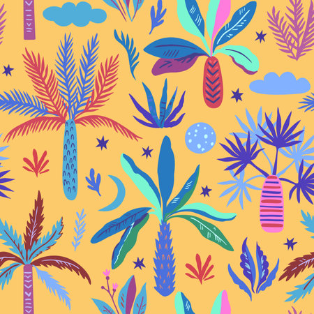 Seamless pattern with doodle palm trees moon and stars. Print with exotic mystical trees. Vector illustration.のイラスト素材