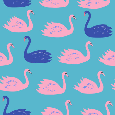 Seamless pattern with swans. Black and white swans, vector illustration in pastel colors.のイラスト素材