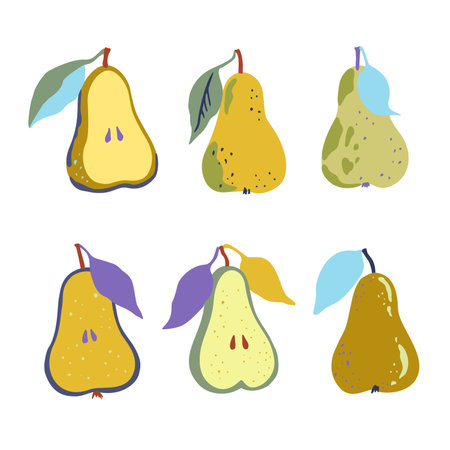 Set of pears and half of pears in abstract minimalistic style isolated on white background. Vector illustration.のイラスト素材