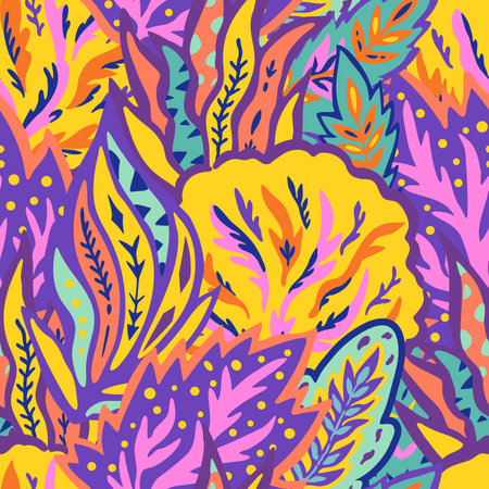 Colorful seamless pattern with chaotic floral and psychedelic abstract elements. Vector illustration.のイラスト素材