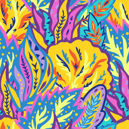 Colorful seamless pattern with chaotic floral and psychedelic abstract elements. Vector illustration.のイラスト素材