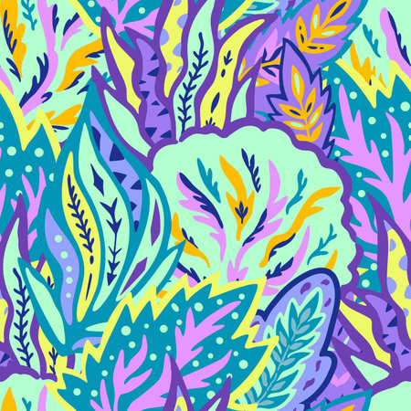 Colorful seamless pattern with chaotic floral and psychedelic abstract elements. Vector illustration.のイラスト素材