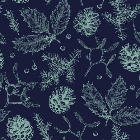 Christmas seamless pattern with pine cones, holly, mistletoe and juniper. Monochrome vector illustration in engraving style.のイラスト素材