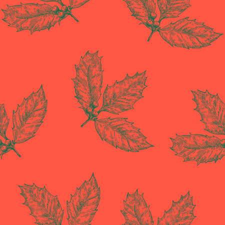 Christmas seamless pattern with holly leaves. Monochrome vector illustration in engraving style.のイラスト素材