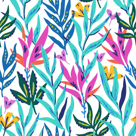 Tropical pattern with colorful bright psychedelic leaves. Vector illustration.のイラスト素材