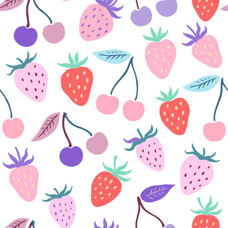Cute seamless pattern with simple strawberry and cherry elements in delicate pastel colors. Vector illustration.のイラスト素材