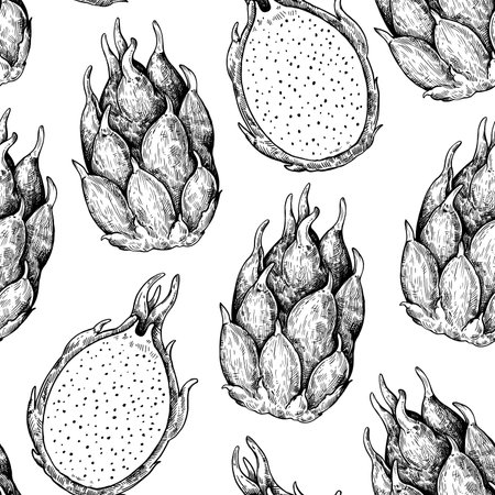 Seamless pattern with dragon fruits. Monochrome illustration in retro style.のイラスト素材
